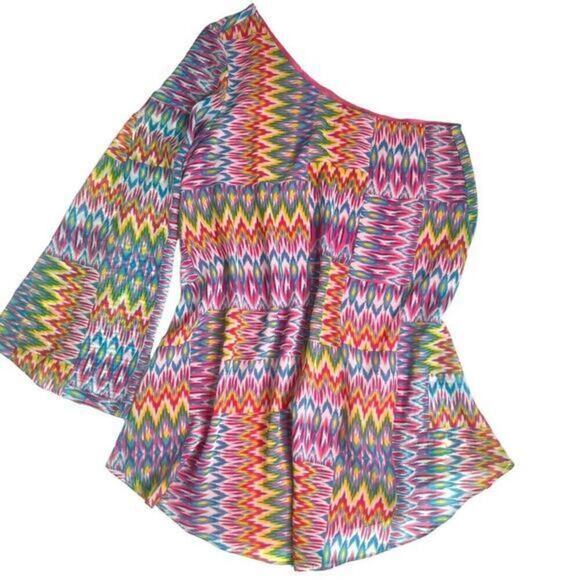 Umgee One Sleeve / Sleeveless Zig Zag Print‎ Dress Size Medium - Picture 4 of 9